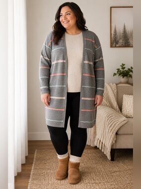 Cj Banks gray multicolor strip open cardigan 2x